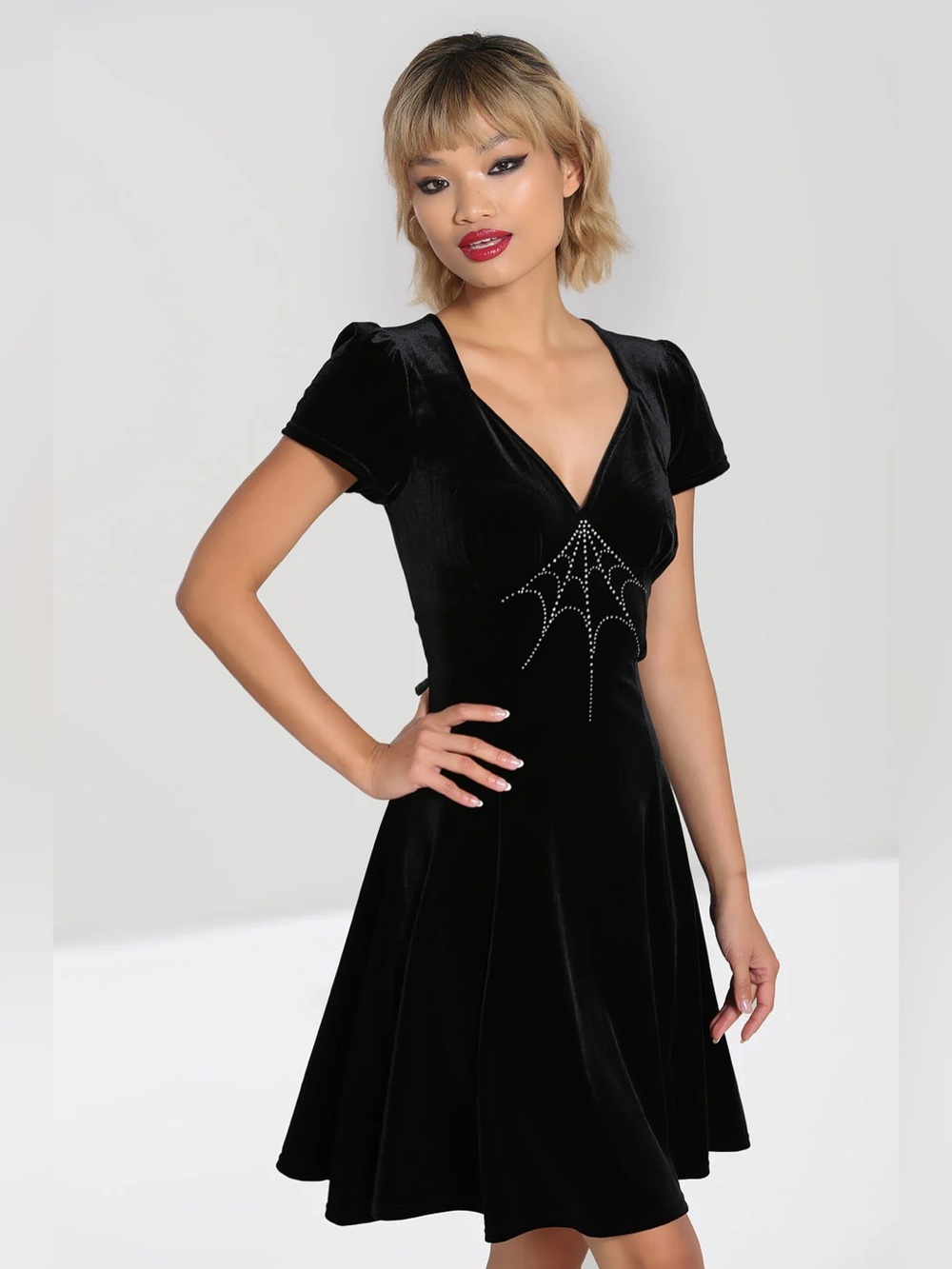 Hell Bunny Morticia Black Velvet Dress with Crystal Spiderweb XS